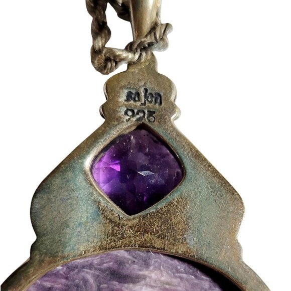 Natural Charoite Purple Amethyst Pendant Channel Set Sterling Silver Signed - Picture 8 of 11